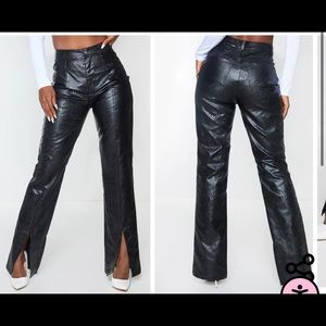 Pretty Little Thing PREMIUM Black Faux Leather Croc Split Hem Skinny Pants